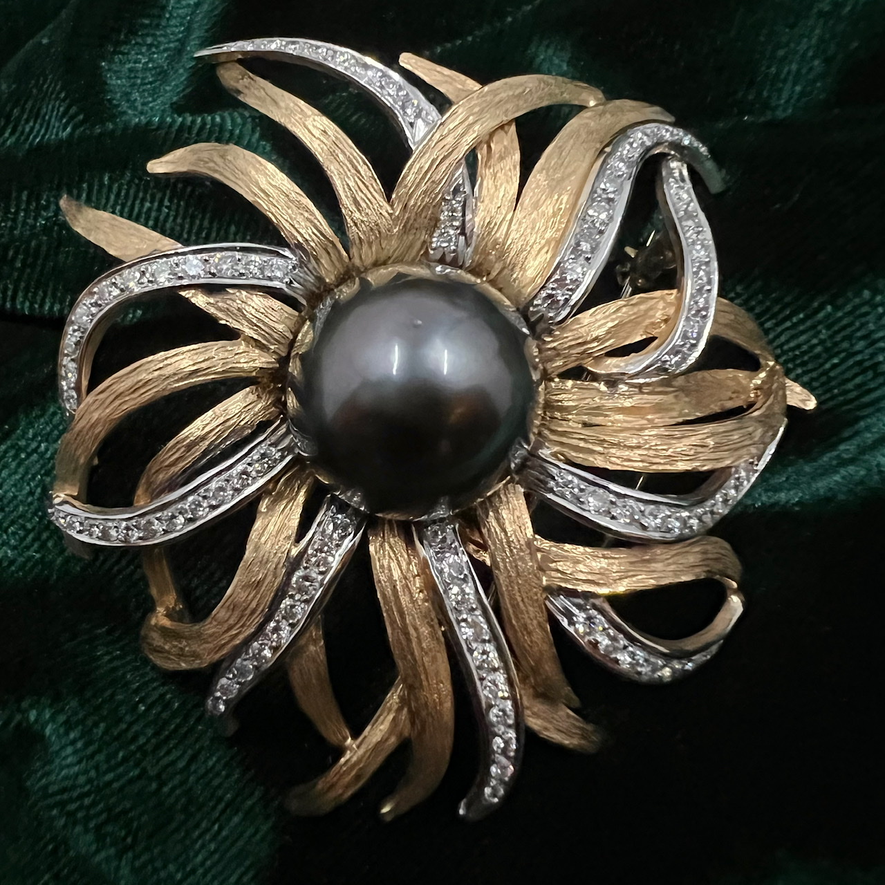 p>Tahitian black pearl and diamond mid century modern brooch.</p